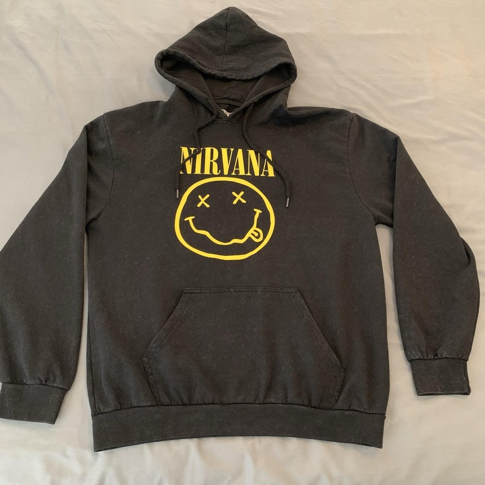 Nirvana Hoodie Mens Medium Black Smiley Face Band Graphic Pullover Sweatshirt